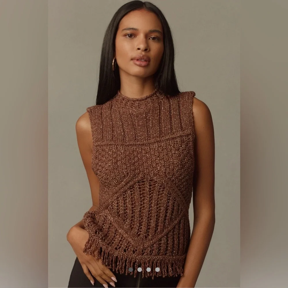 Pilcro Fringed Brown Sleeveless Knit Sweater - Picture 1 of 7